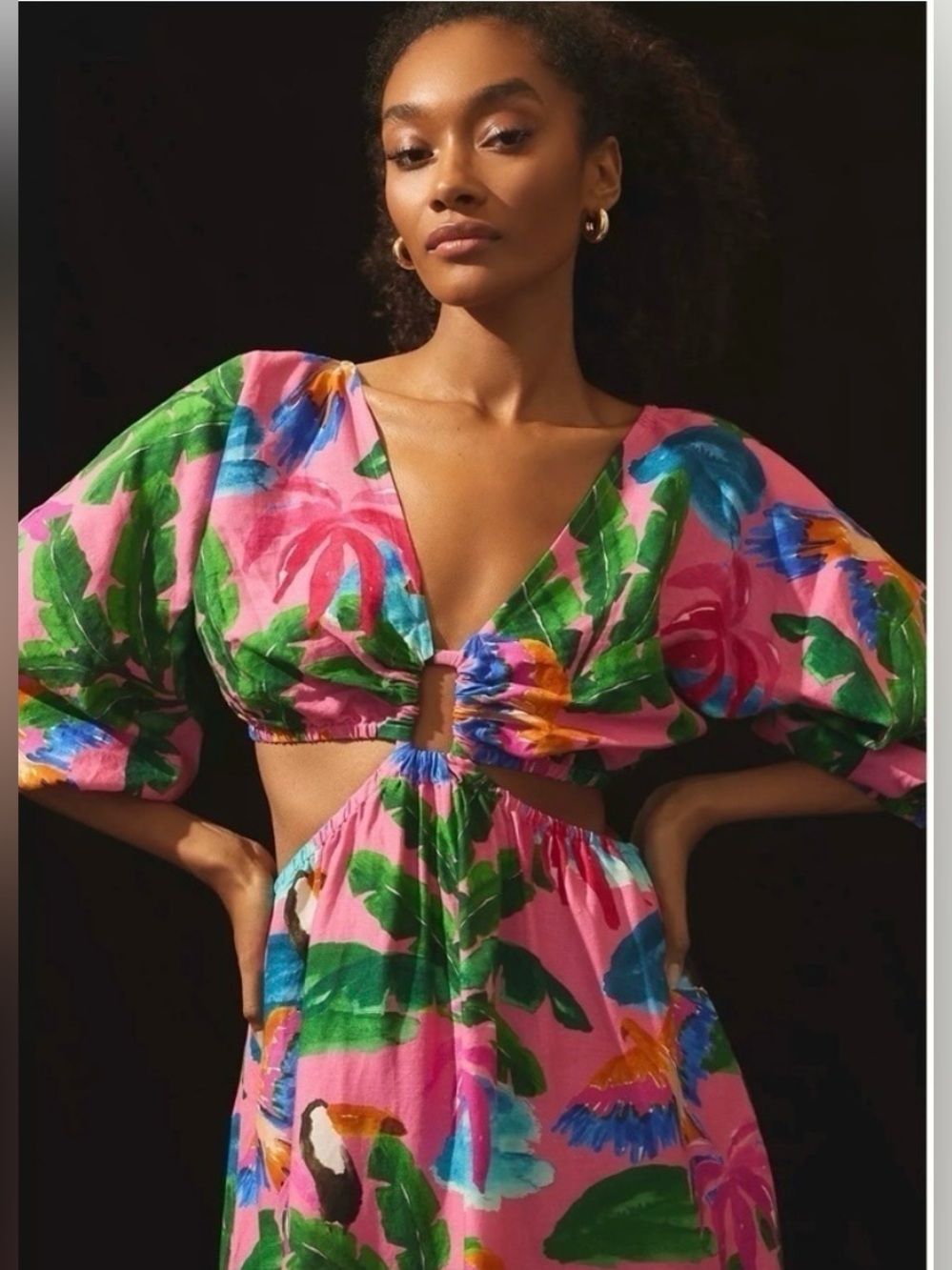 Farm Rio Linen Blend Cutout Pink Tropical Women’s Midi Dress Size S